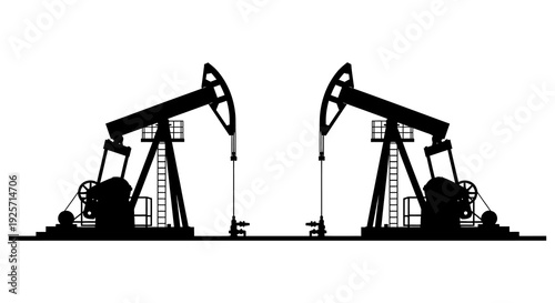 Two black silhouette pumpjacks operate over a flat white background