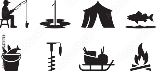 Simple black silhouette icons showing ice fishing equipment, a tent, campfire, and other winter outdoor activities