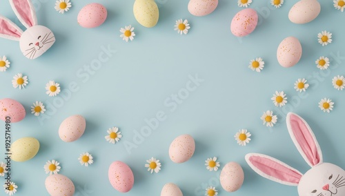 Easter bunny heads and pastel eggs with daisies on blue background flowers