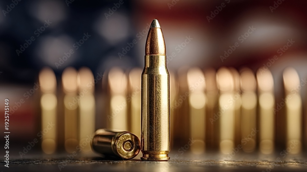 Obraz premium Gold rifle cartridges standing and lying on a dark surface with a blurred united states flag in the background, representing military power, patriotism, and the second amendment