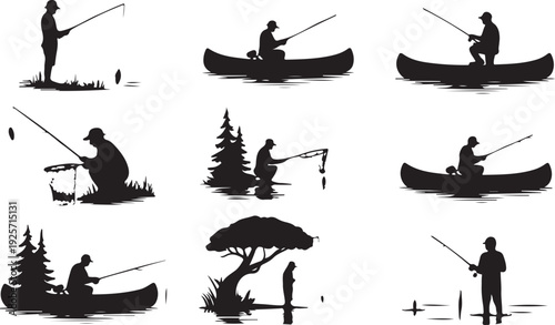 A collection of fishing silhouettes showing people enjoying the sport in lakes, rivers, and outdoor settings