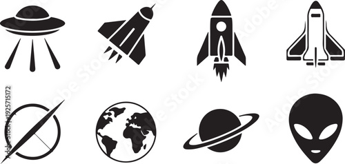 Black and White Space Exploration and Extraterrestrial Set spaceship rocket alien