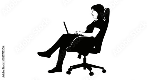 Silhouette of a woman comfortably working on a laptop in an office chair