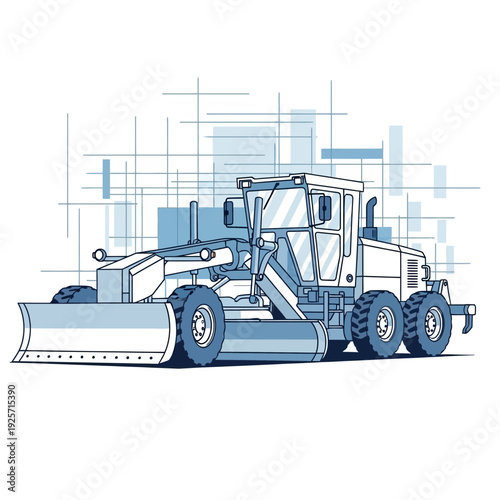 Industrial Grader Machine Drawing For Construction Projects Blueprint Style