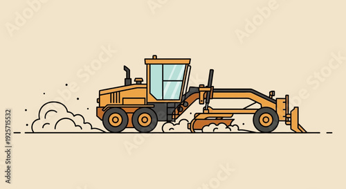 Industrial Grader Machine Operating With Dirt Cloud Side View Construction Vehicle Graphic