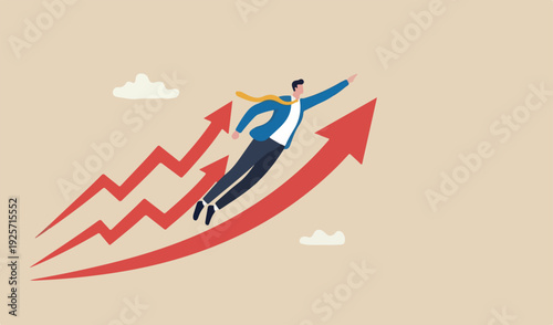 Growth or growing business success, increase sales or career improvement earn more investment profit earning rising or up trend concept, businessman superhero red fly exponential growth chart