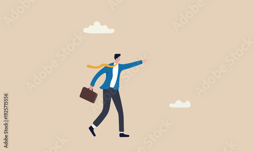 Thought leadership executive position who guide company direction, leading business forward or guiding direction concept, confident businessman leader pointing finger for colleagues to follow.