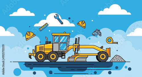 Industrial Grader Machine Ready For Construction Work With Tools And Supplies