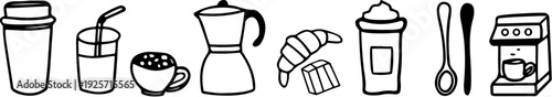 Row of hand-drawn beverage icons displays various coffee and drink preparations including takeaway cups, iced drinks, espresso pot, croissant pastry, whipped cream topping, and a coffee maker.