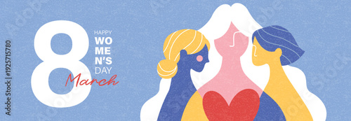 Women's Day poster featuring three women of different ethnicities in a geometric and colorful illustration, with the number 8 March in bold typography.