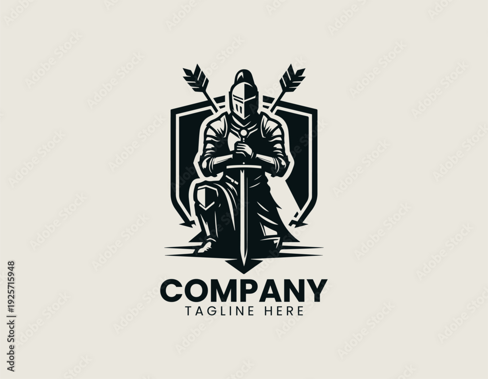 Fototapeta premium Medieval armored knight kneeling with sword and arrows black vector logo illustration