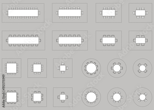Seat plan set, icon set, seat map, dining, conference, meeting, boardroom, floor plan, architectural element, rectangle, square, circle, editable stroke, vector, illustration