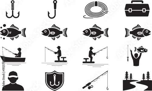 A large assortment of black silhouette icons representing diverse fishing gear, activities, and nature scenes