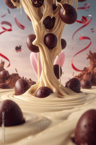 Chocolate Easter eggs and cream splashing pink bunny background red ribbons