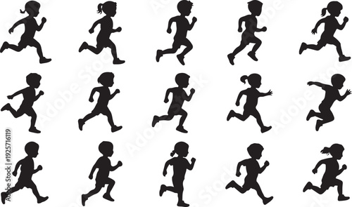 Black Silhouettes of Children Running on White Background