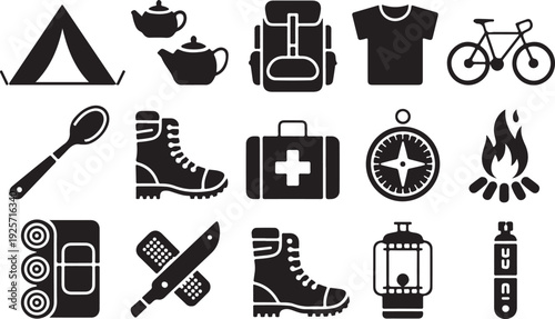 Collection of black and white camping and outdoor adventure gear tent