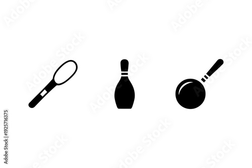 Icons of a spoon, bowling pin, and magnifying glass on a white background, representing tools or search and play featuring icon, ladle, bowl with utensil and food elements for cooking, eating