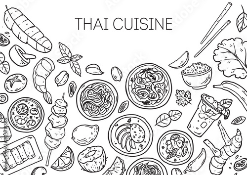 Hand drawn Thai food sketch . Whimsical food and drink doodles frame. Hand drawn vector illustration for menu, packaging design. Thai cuisine quirky icons, simple sketch style. Minimalist line art
