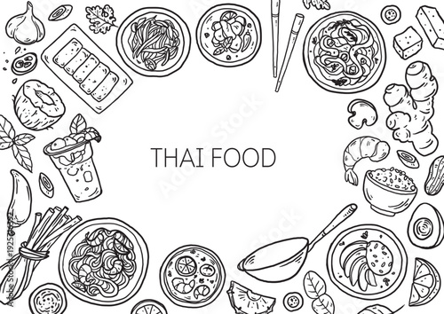 Hand drawn Thai food sketch . Whimsical food and drink doodles frame. Hand drawn vector illustration for menu, packaging design. Thai cuisine quirky icons, simple sketch style. Minimalist line art