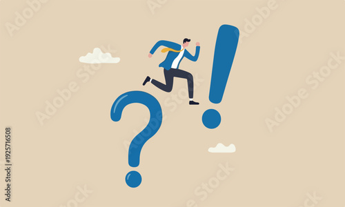 Solution to solve business problem, answer to hard question or ambition to overcome obstacle concept, business man jump over big question mark sign