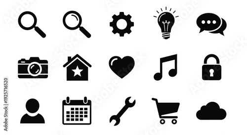 Black icons representing search ideas and communication a silhouette
