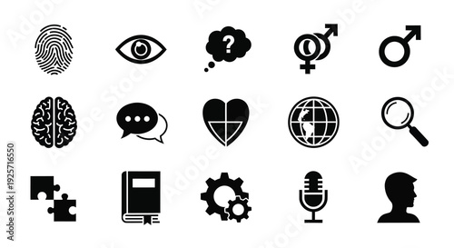 Diverse icons representing identity thought and technology silhouette