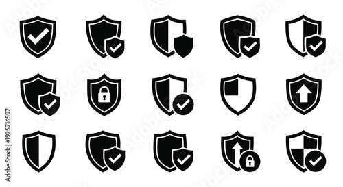 Collection of black shield icons with checkmarks and locks silhouette