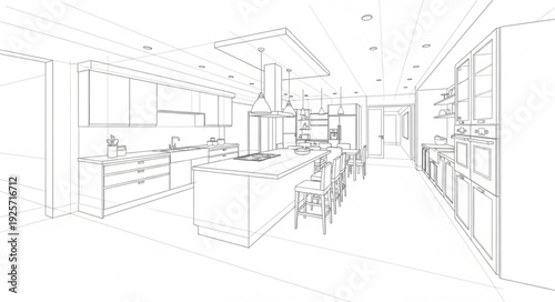 Architectural sketch of a modern kitchen interior design.