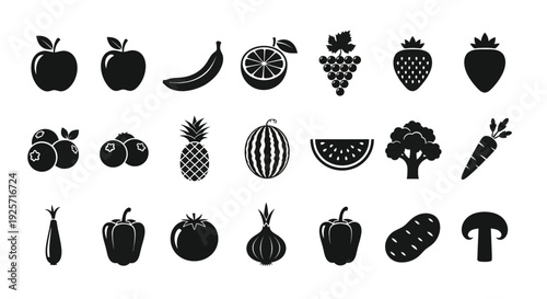 Collection of various fruit and vegetable black silhouettes