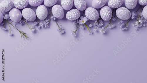 Lavender Easter eggs with white and flowers on purple background with Happy Easter text 1