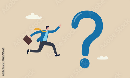 Solution solve business problem, answer to hard question or ambition to overcome obstacle concept, business man jump over big question mark sign