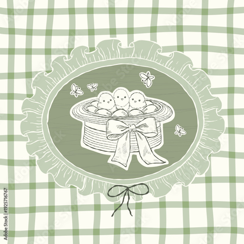 Charming hand-drawn Easter illustration featuring three fluffy chicks sitting in a hat tied with a bow, surrounded by delicate butterflies for nursery art, Easter cards, fabric and textile prints