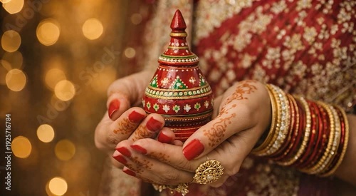 Indian bride hands with mehndi holding decorative sindoor box traditional wedding ritual close up video for bridal advertisement jewelry promotion and cultural ceremony marketing use