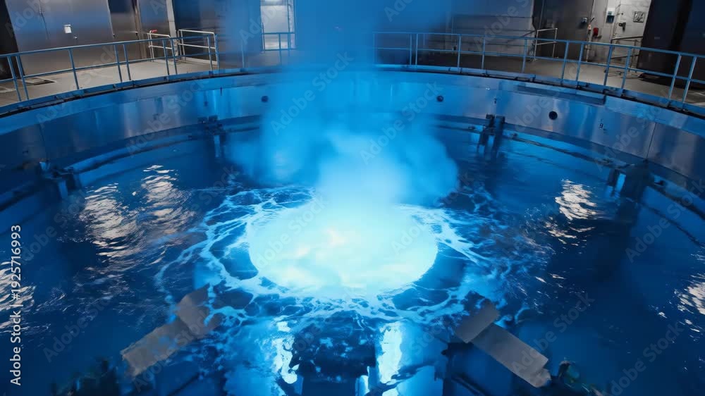 Radiation Core Vídeo do Stock: Nuclear reactor core emitting blue Cherenkov radiation ...