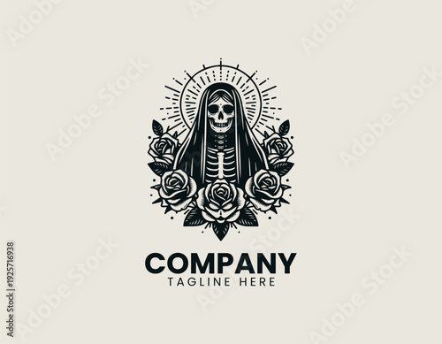 Gothic skeletal saint with halo and roses black vector logo illustration
