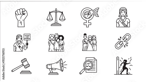 Feminism and Equality Icons in Minimalist Line Art Style with Black and White Color Scheme for Social Justice Campaigns