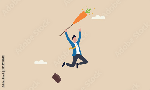 Motivation incentive employee, reward or trick to influence people or manipulation concept, seduced businessman jump in the air to catch tempting carrot baiting lure from the stick