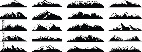 Stylized mountain silhouette collection, jagged peaks vector illustration, outdoor nature art design, diverse summit shapes, snow capped ranges, creative landscape elements for projects