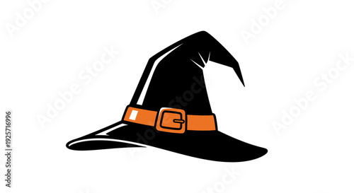 Classic Black Witch Hat with Orange Buckle on Isolated White Background for Halloween