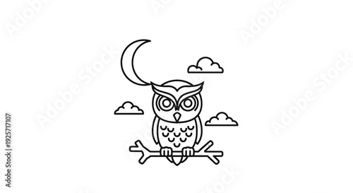 A simple line art illustration of an owl perched on a branch under a crescent moon and clouds at night.