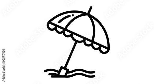 Simple line art drawing of a classic beach umbrella providing shade on a sunny day, stuck in the sand near the water.