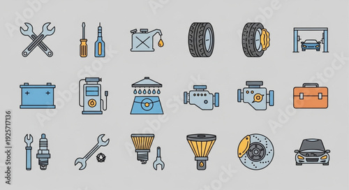 Automotive repair and maintenance tools and parts icons.