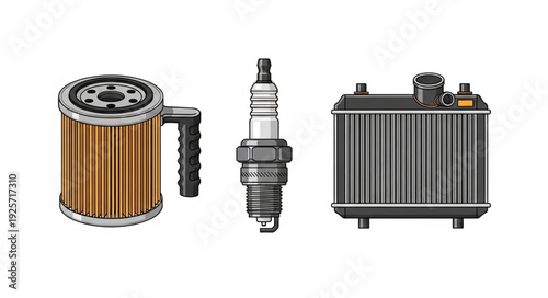 Automotive engine parts including oil filter spark plug and radiator.
