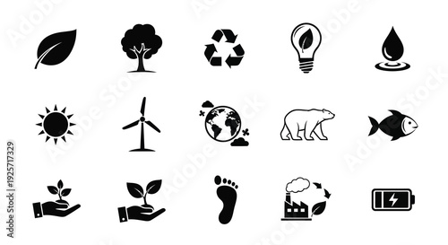 Environmental icons representing sustainability and ecology black silhouette