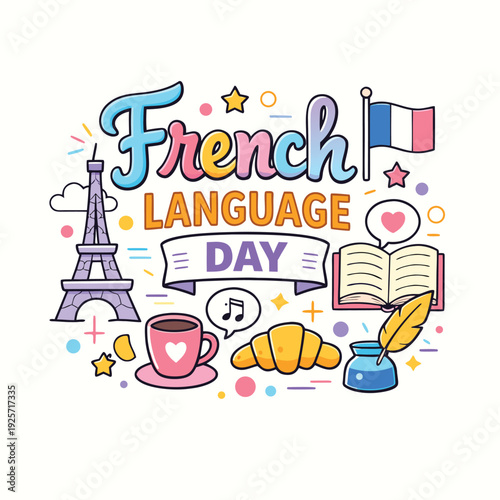 A colorful illustration celebrating french language day with iconic symbols and delightful imagery high-quality professional