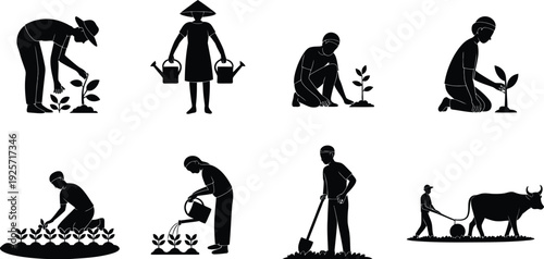 Traditional farming silhouettes, gardening people working, watering plants, planting seedlings, digging soil, ox plowing field, agricultural labor