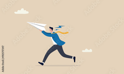 Start entrepreneurship to achieve business success concept, ambitious businessman running about to throwing to launch big paper airplane origami