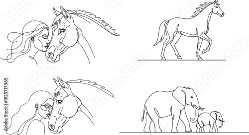 line drawing of animals and people