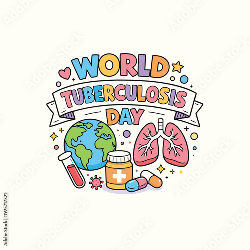 World tuberculosis day illustration featuring a globe lungs medicine and colorful typography high-quality professional detailed
