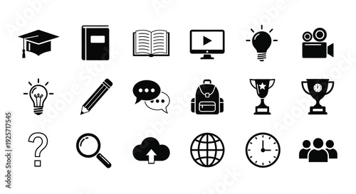 Collection of education and media icons in black silhouette